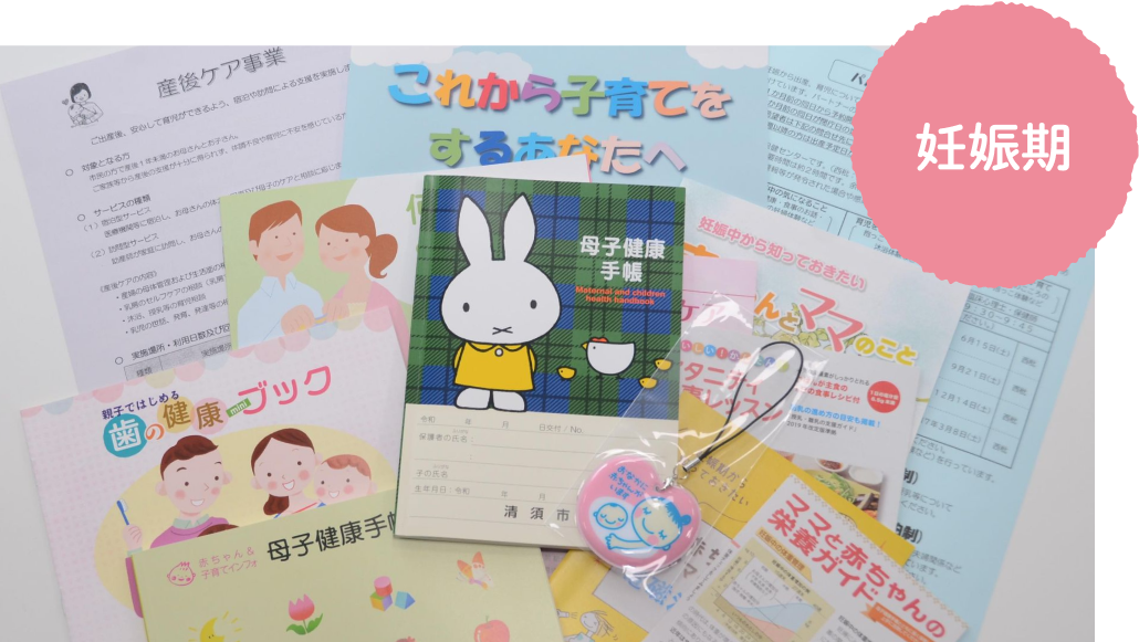 妊娠期に配布される母子健康手帳、パンフレット、産後ケア事業の紹介などの資料